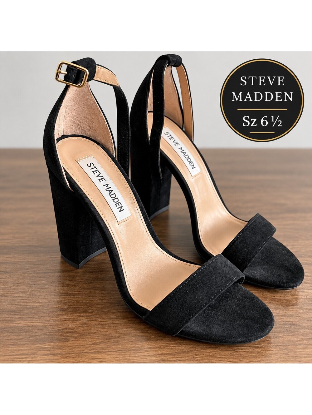 Steve Madden | 6.5 | Carrson Black Suede Block Heel Ankle Strap Sandals